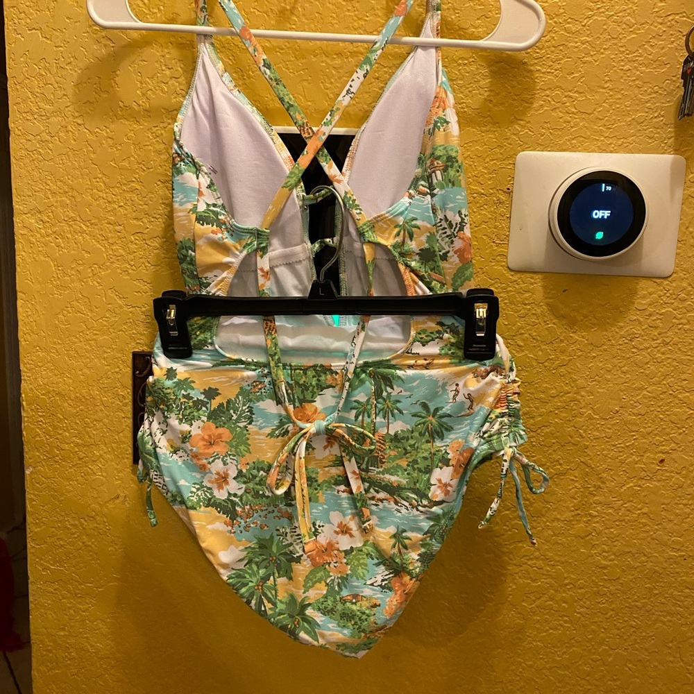 Village, tree, and flower print one piece swim wear